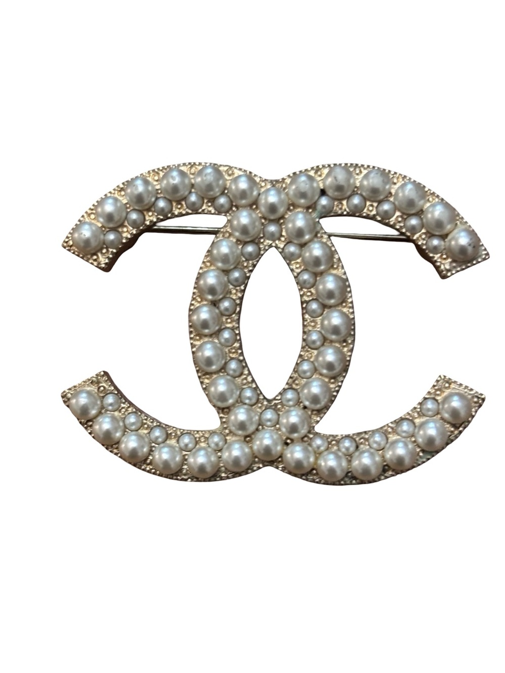 CHANEL Pearl-Embellished Double C Brooch - Gold and White w/COA